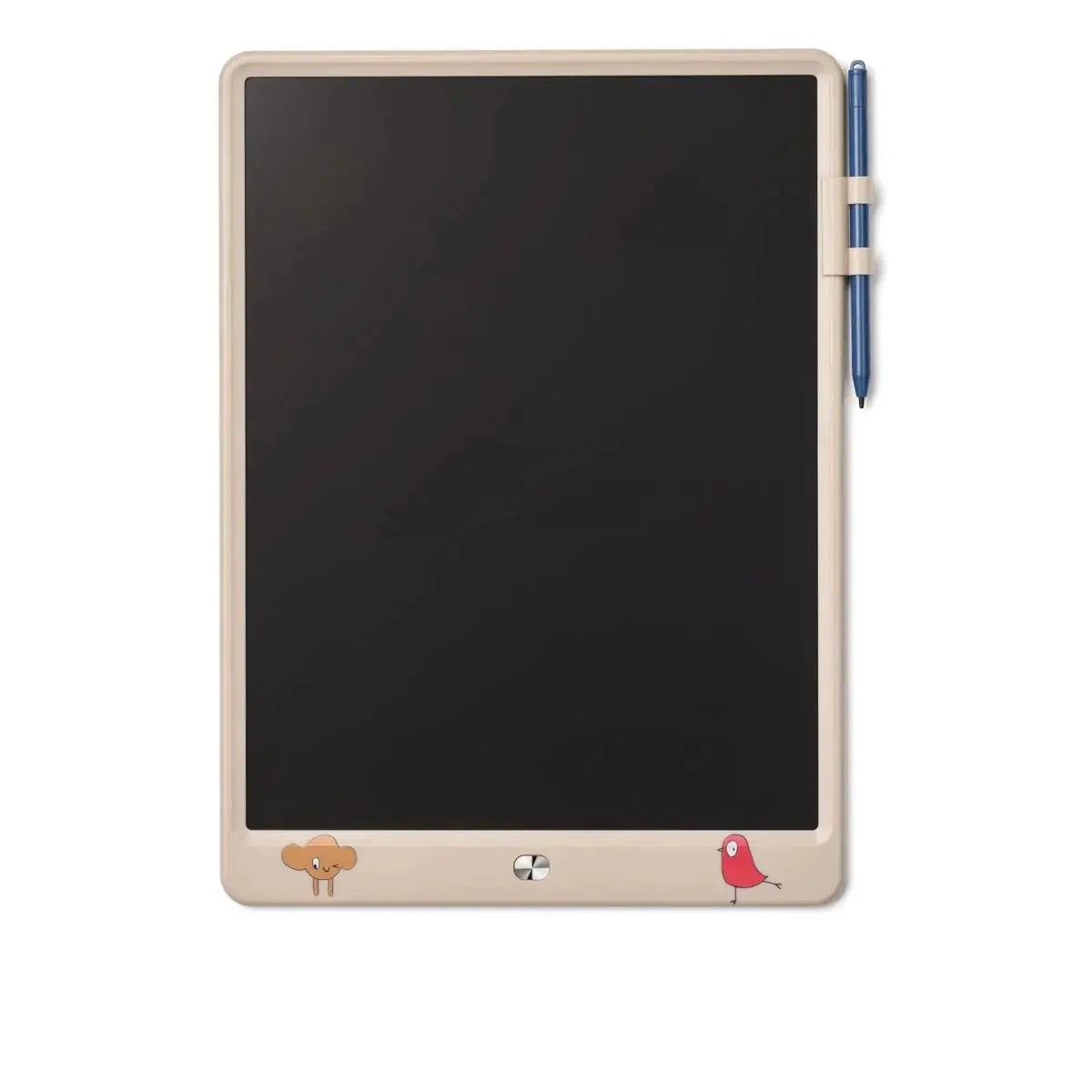 Tablette à dessin LIEWOOD tableau magique Zora Imagine Sandy, cadre beige en bois, surface noire, stylo bleu fixé à droite.