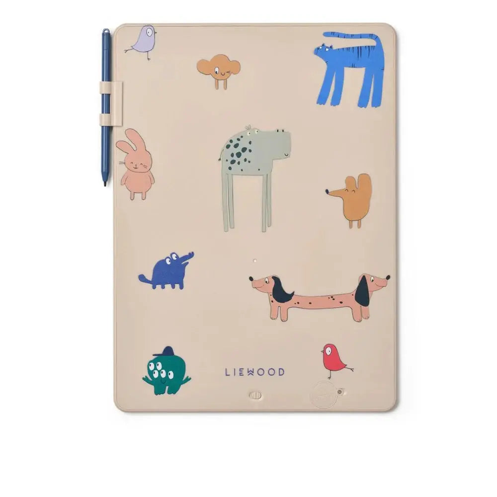 Tablette à dessin LIEWOOD tableau magique Zora, beige avec animaux colorés et stylo bleu attaché