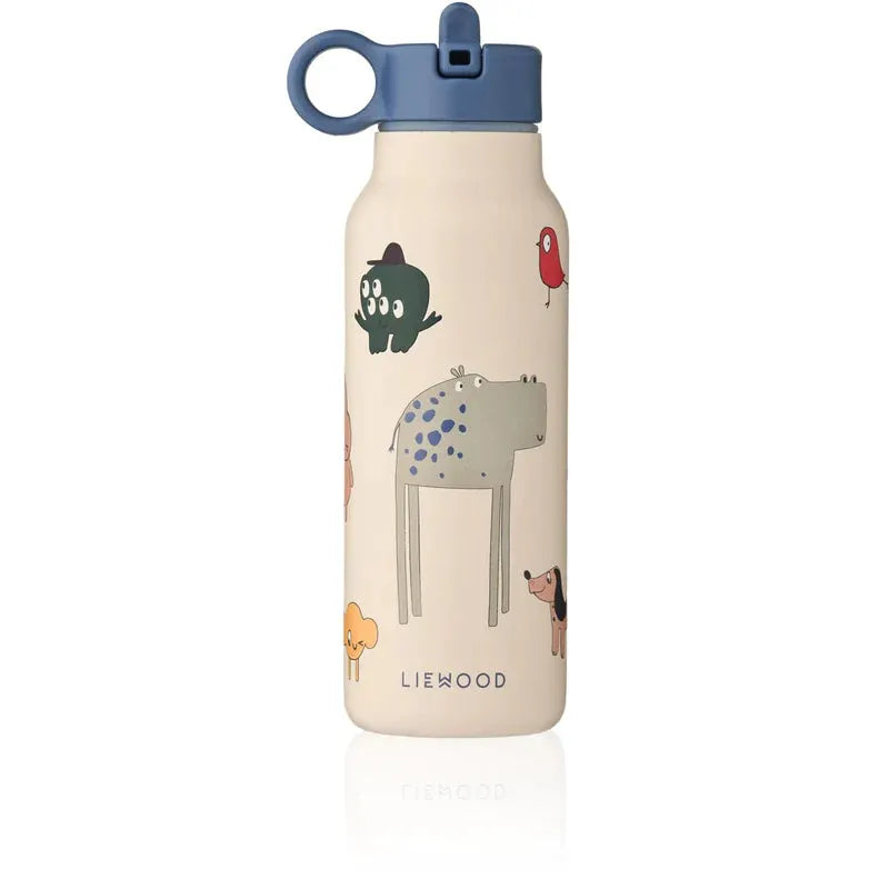 LIEWOOD 350ml water bottle for kids, sandy beige with blue lid and playful animal prints