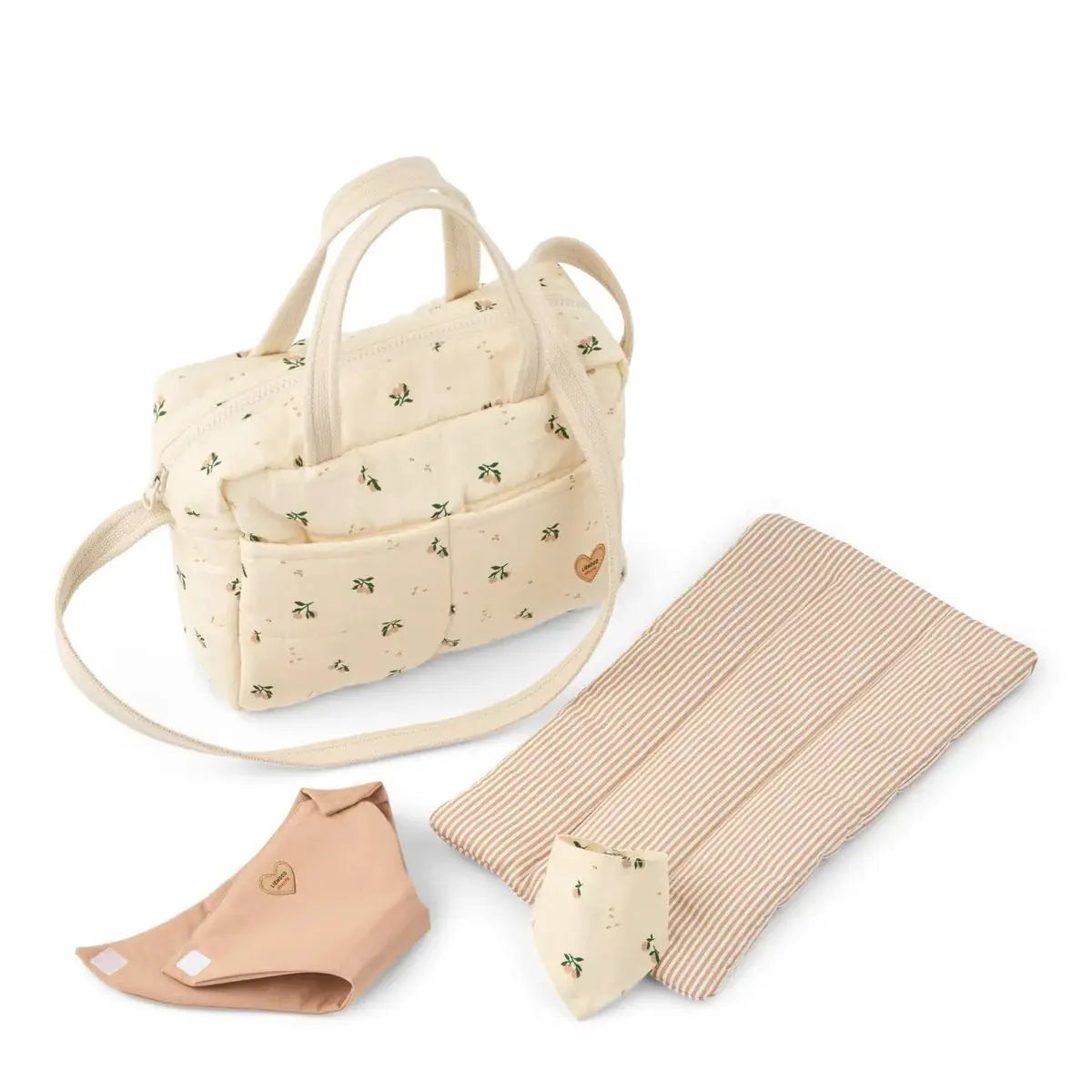 LIEWOOD sac à langer Neoma, peach pale tuscany mix, 4-piece doll accessory set with striped mat