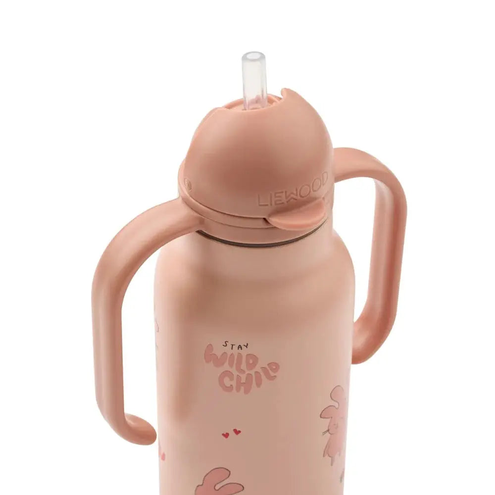 LIEWOOD KIMMIE gourde 250ml pink with wild child design, two handles and straw lid