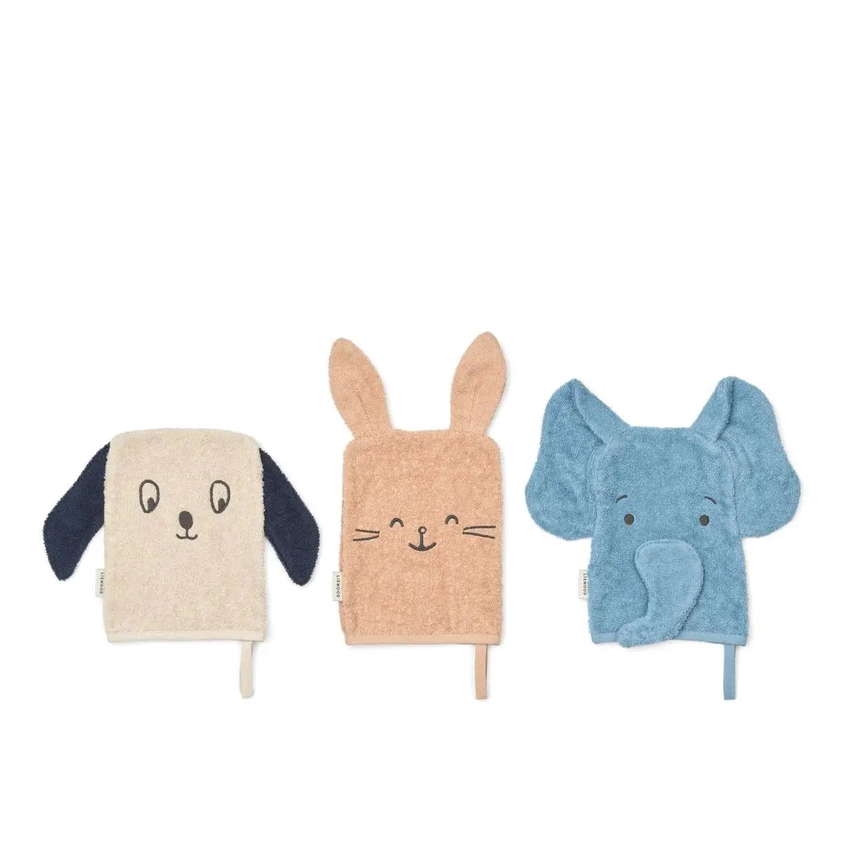 Gants de toilette LIEWOOD Sylvester trio pastel: chien, lapin et éléphant, pale tuscany mix