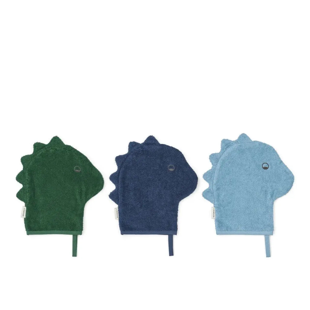 Gants de toilette LIEWOOD Sylvester, lot de 3 dinosaures vert, bleu marine et bleu clair pour bébés