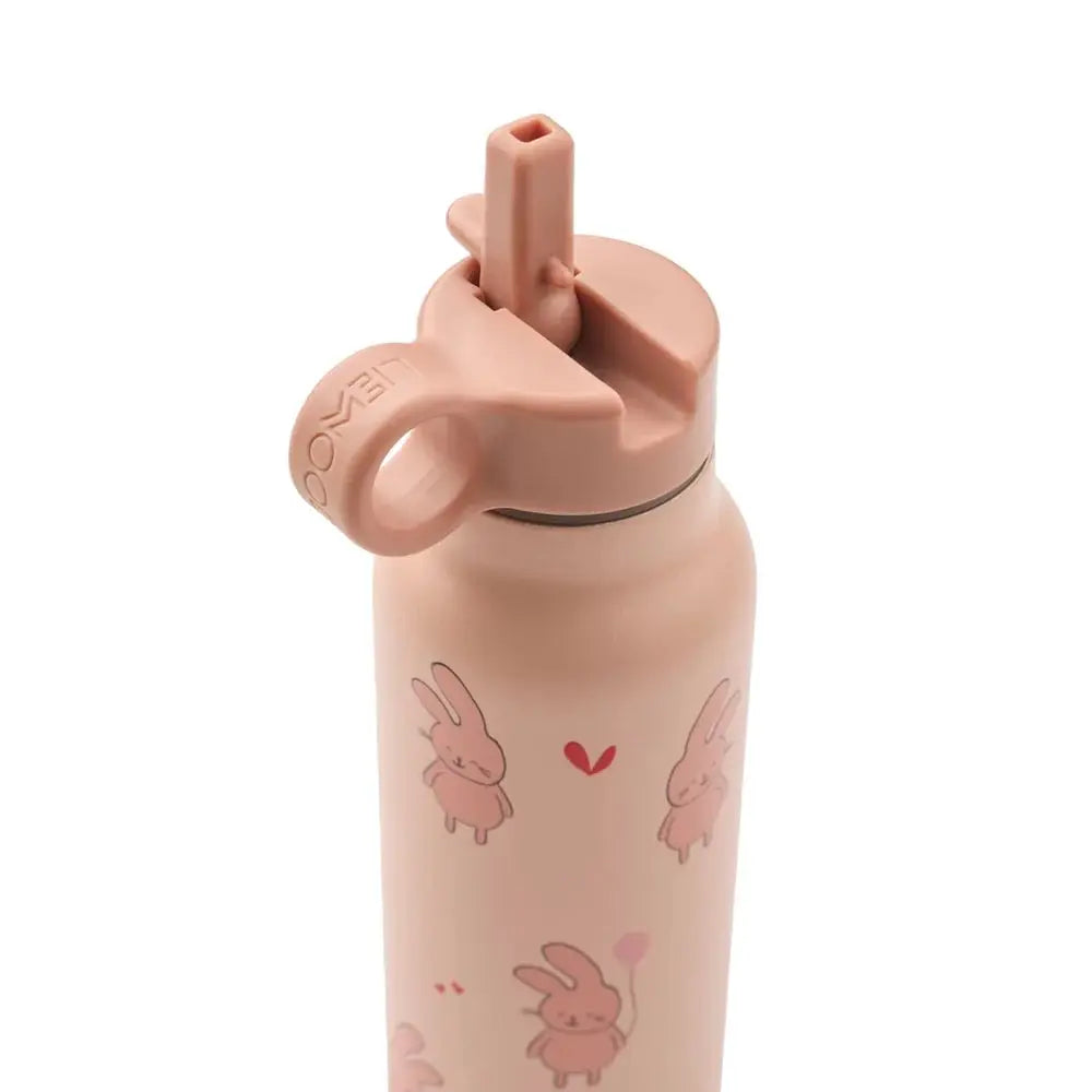 Gourde LIEWOOD 350ml rose pâle avec motif lapins et bouchon à paille rose