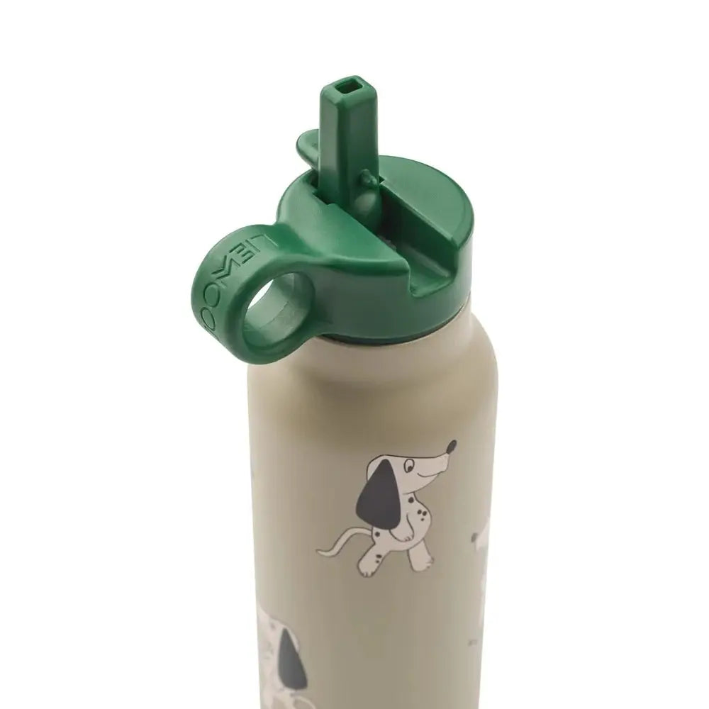 LIEWOOD 350ml gourde with green lid and beige body featuring Dakota dog print