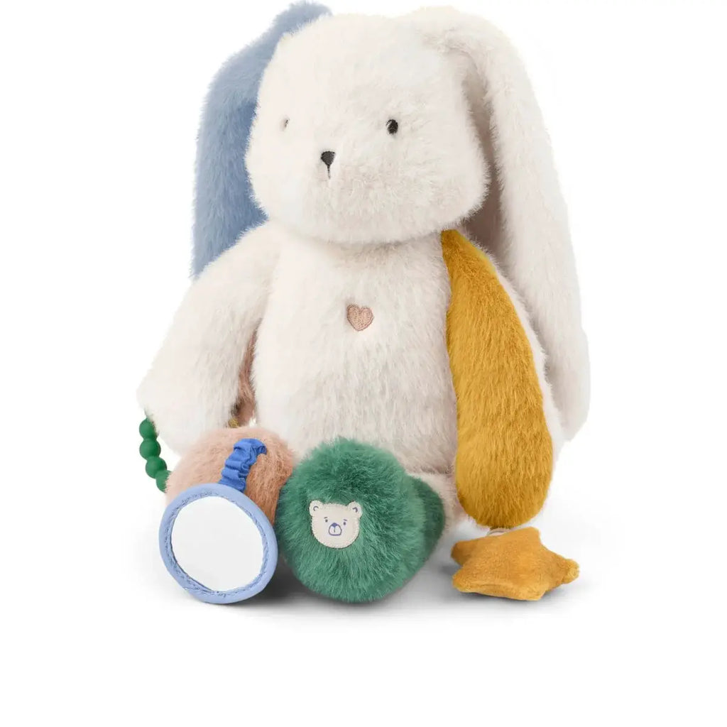 LIEWOOD Angelina lapin d'activité bébé 3m+, peluche blanche avec oreilles bleu et jaune et accessoires colorés