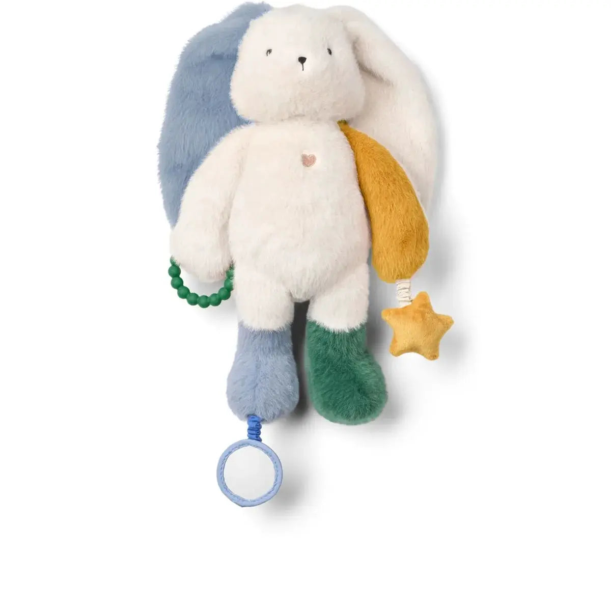 LIEWOOD Angelina lapin d'activité bébé 3m+, peluche multicolore avec oreilles bleues et jaunes, perles et étoile