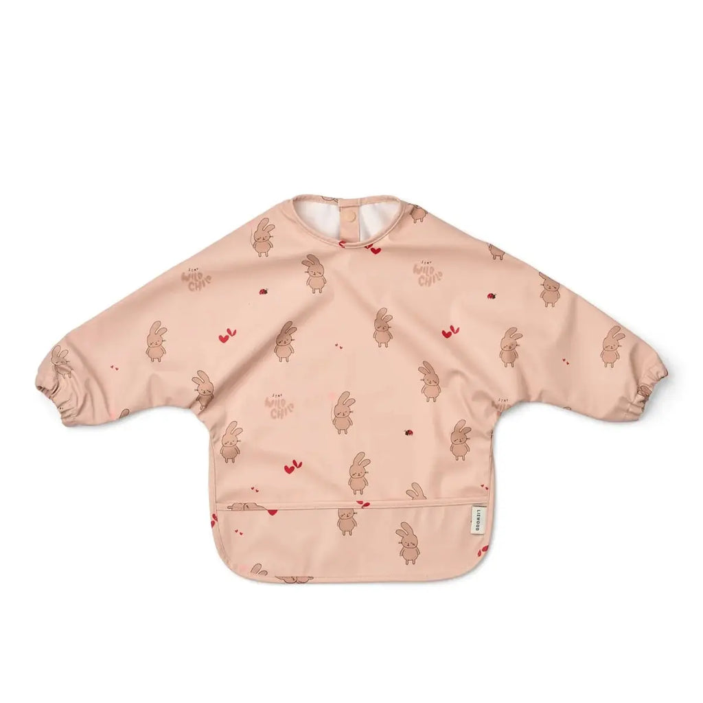 Bavoir Merle wild child rosy pink long-sleeve bib with bunny print and front pocket