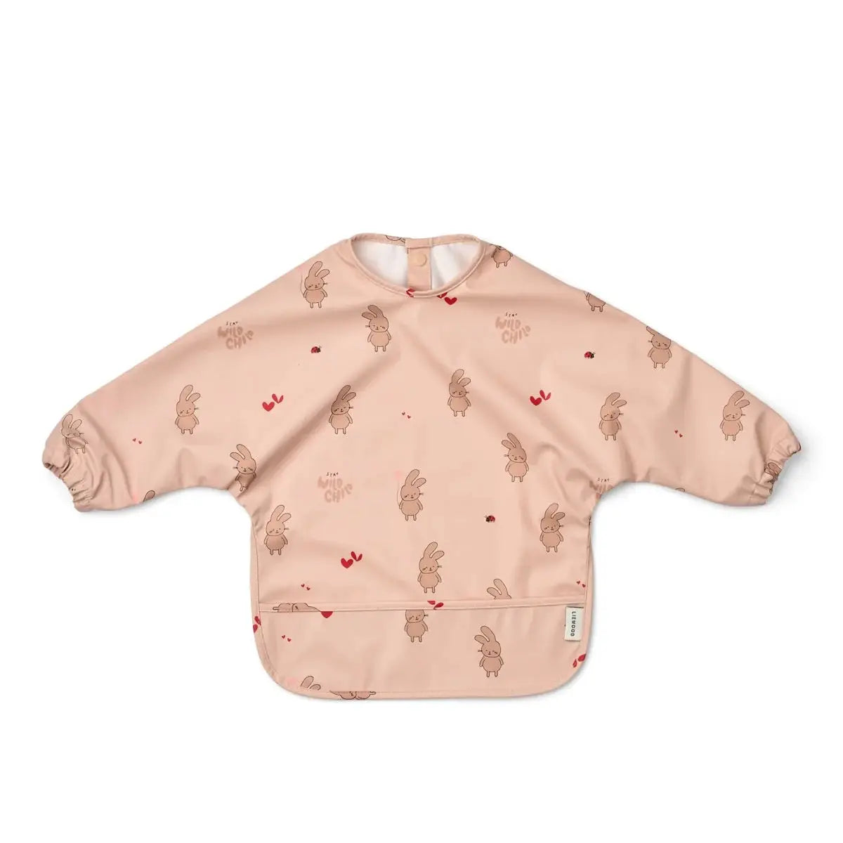Bavoir Merle wild child rosy pink long-sleeve bib with bunny print and front pocket