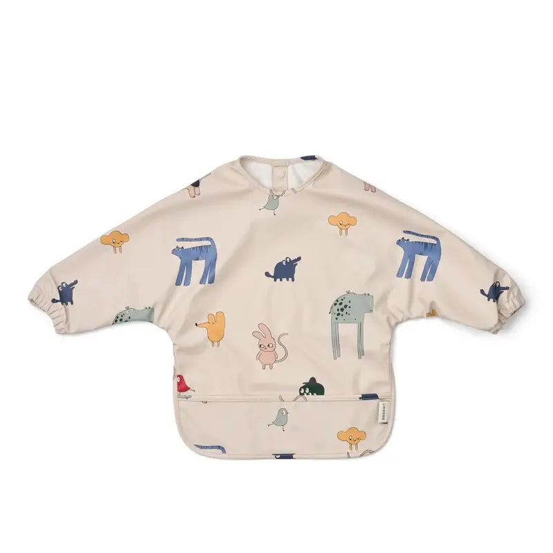 LIEWOOD bavoir Merle imagine sandy bib with pastel animal prints on beige, featuring a front pocket.