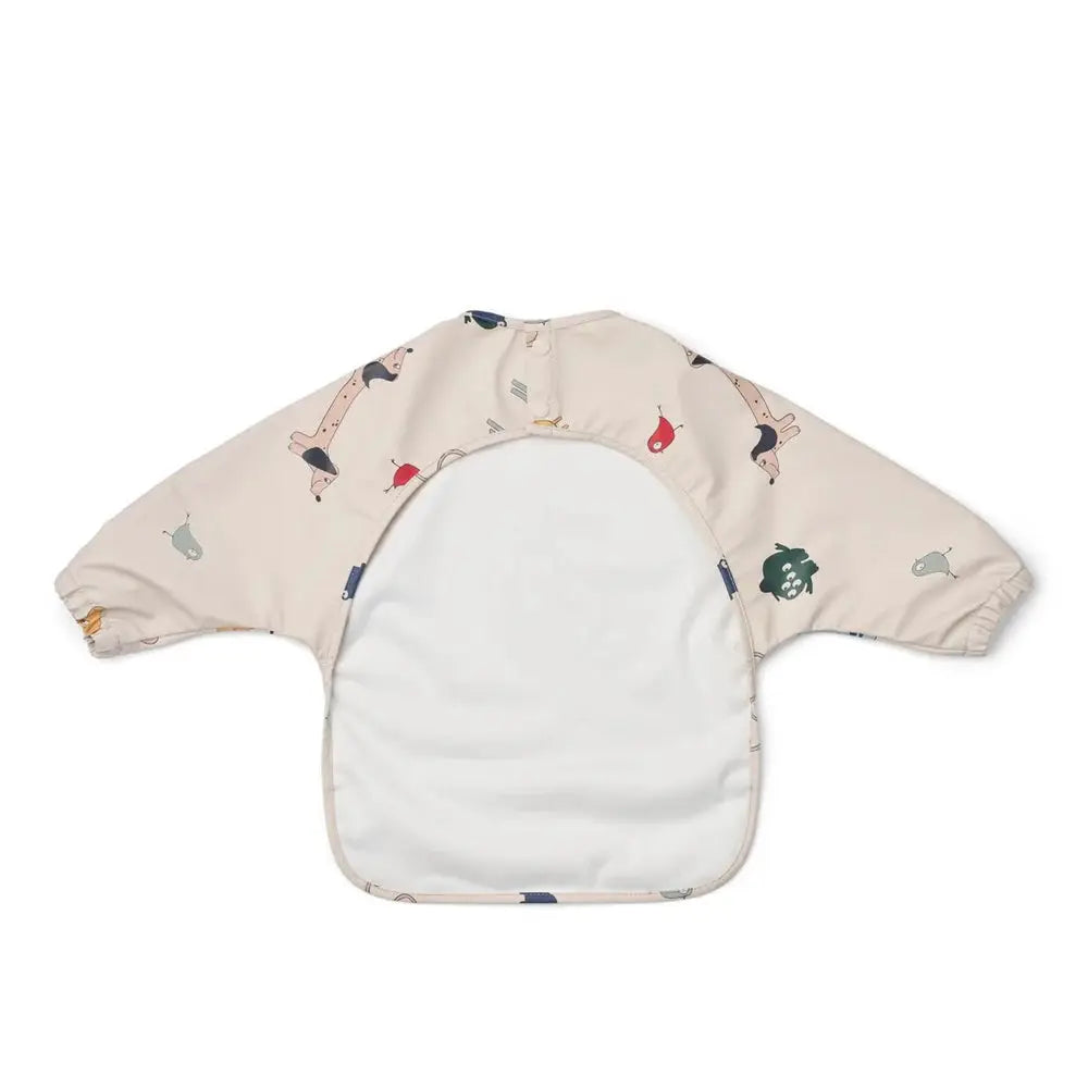 bavoir LIEWOOD Merle imagine sandy, beige long-sleeve baby bib with white front and playful prints