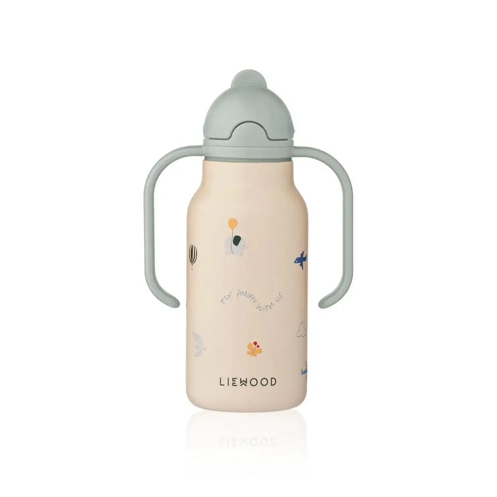 LIEWOOD KIMMIE 250ml gourde in pale pink with grey cap and twin handles, flying sandy design