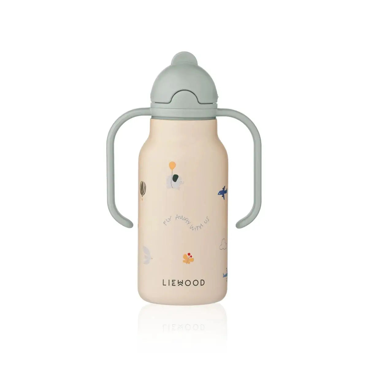 LIEWOOD KIMMIE 250ml gourde in pale pink with grey cap and twin handles, flying sandy design
