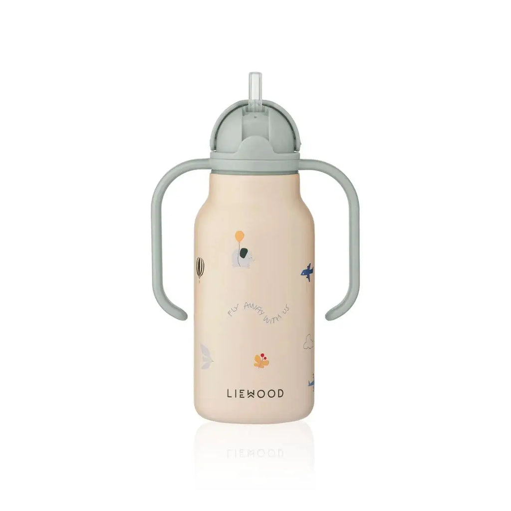 LIEWOOD KIMMIE gourde 250ml pink body with gray handles and lid, flying sandy motif