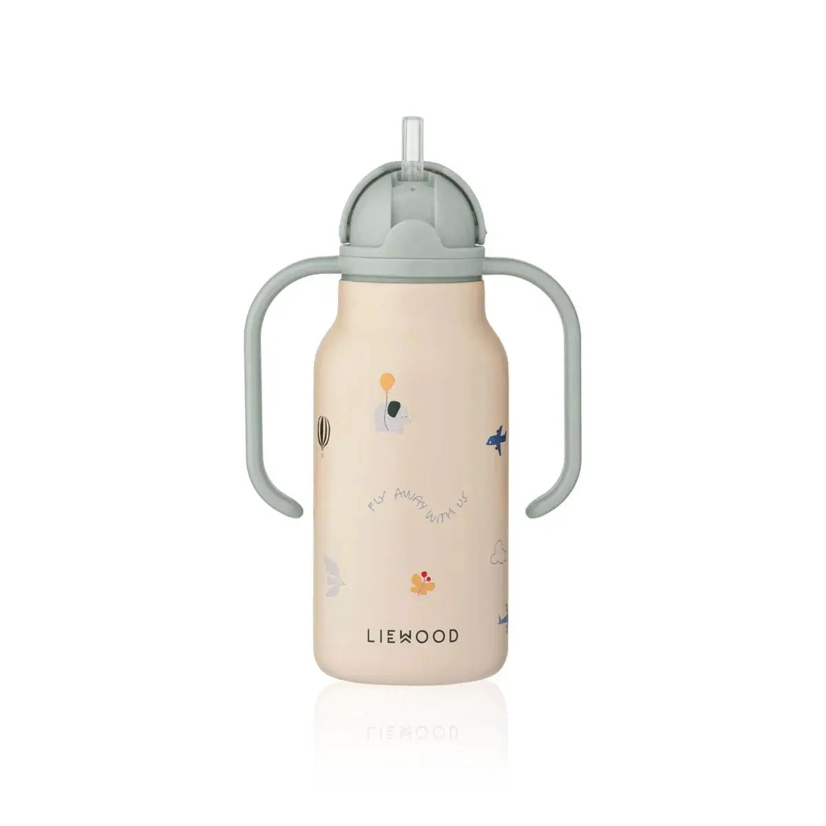 LIEWOOD KIMMIE gourde 250ml pink body with gray handles and lid, flying sandy motif