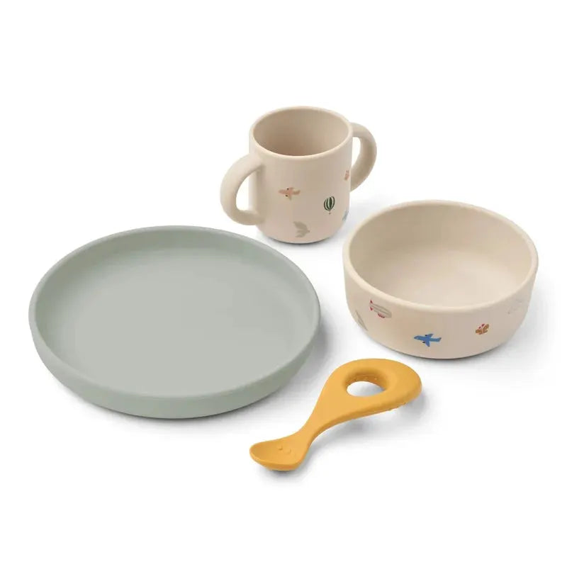 LIEWOOD set repas VIVI sandy baby feeding set: plate, bowl, double-handled cup, and yellow spoon (4 pcs)