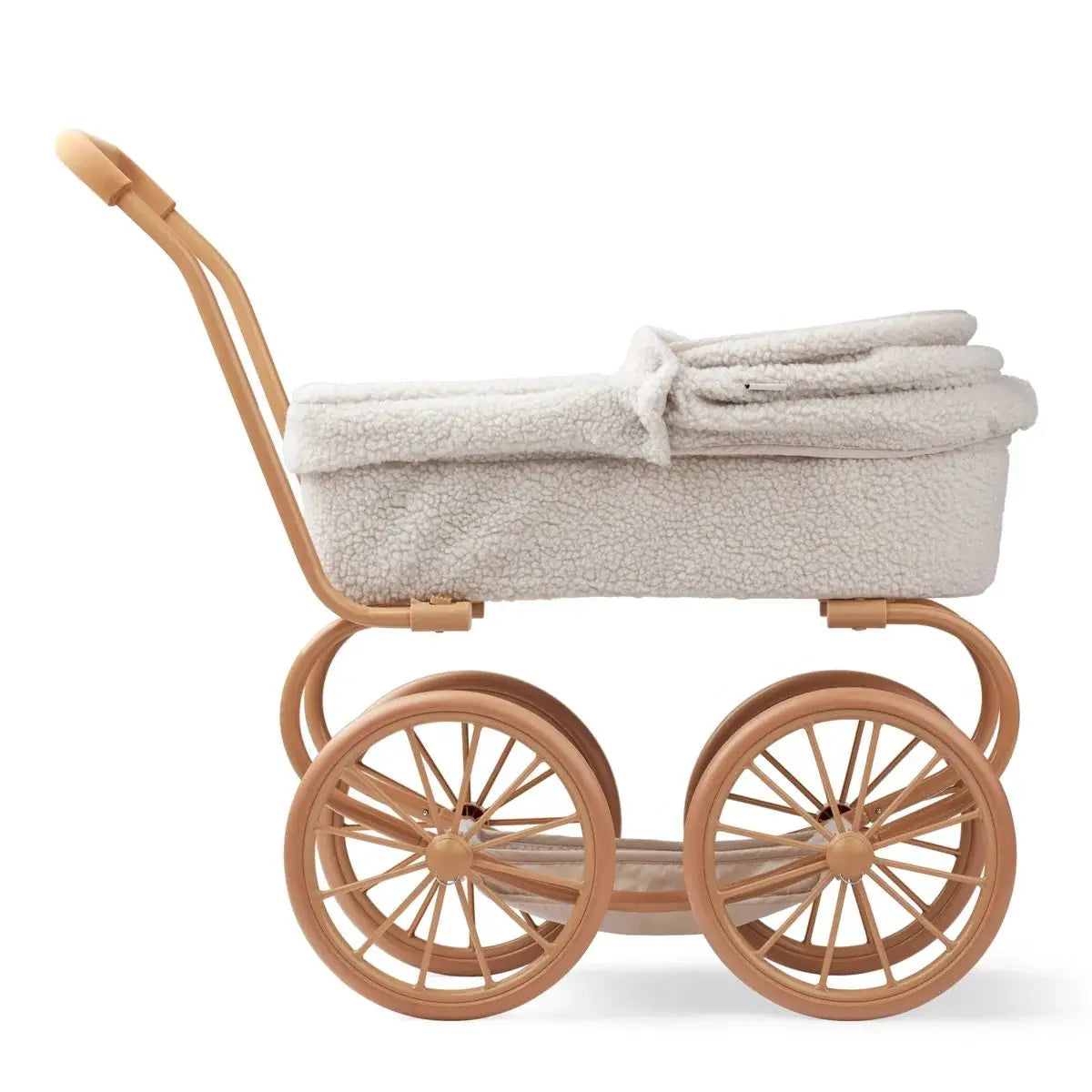 Landau pour poupée Adaline avec intérieur en fourrure écrue, cadre et grandes roues couleur pêche