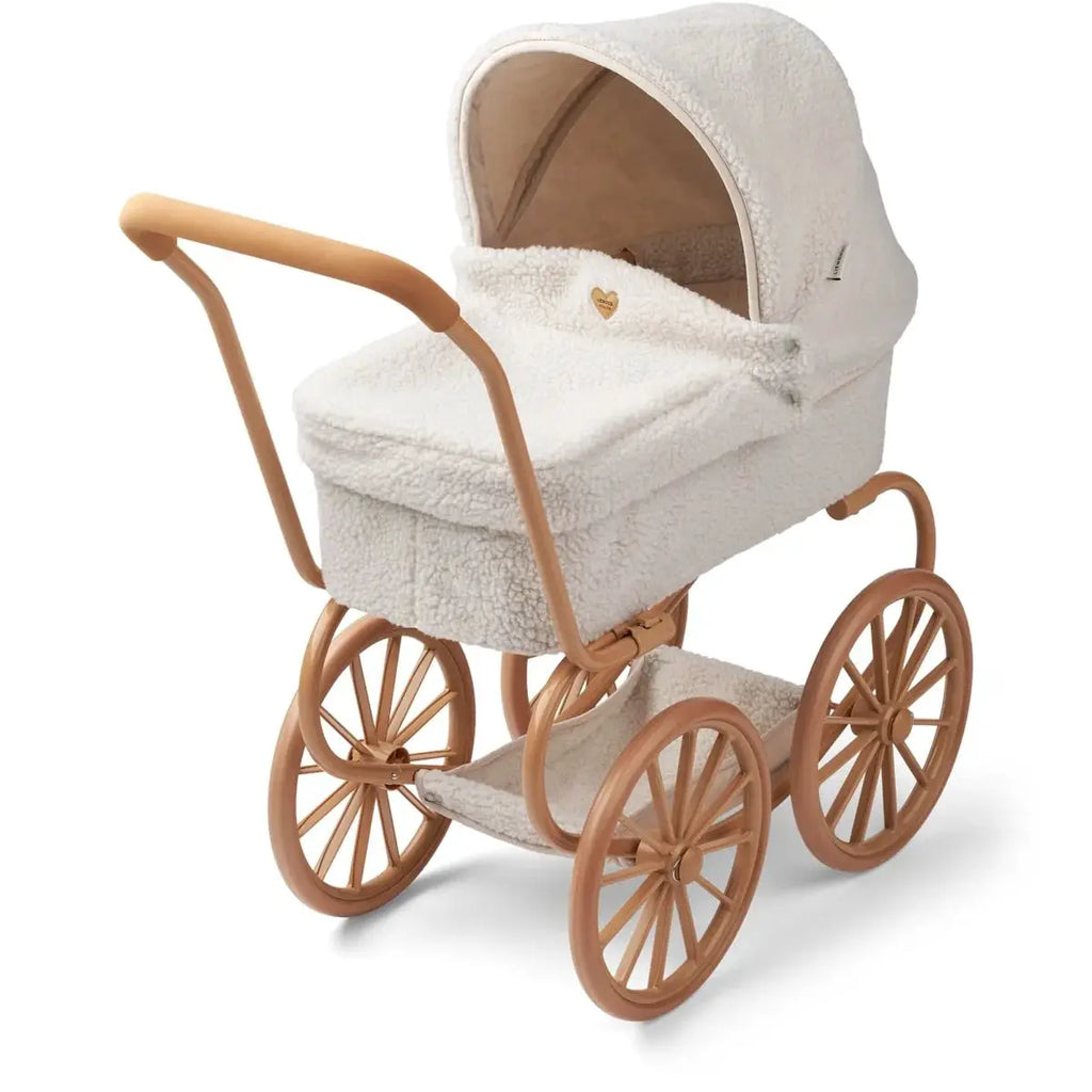 LIEWOOD landau poupée Adaline pram with white sherpa fabric and tan wooden wheels