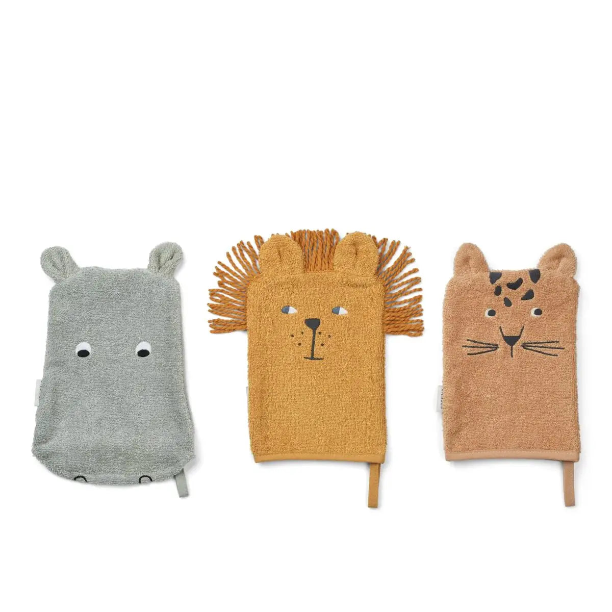 LIEWOOD Sylvester baby bath mitts safari mix: gray hippo, orange lion, tan leopard, 3-piece set