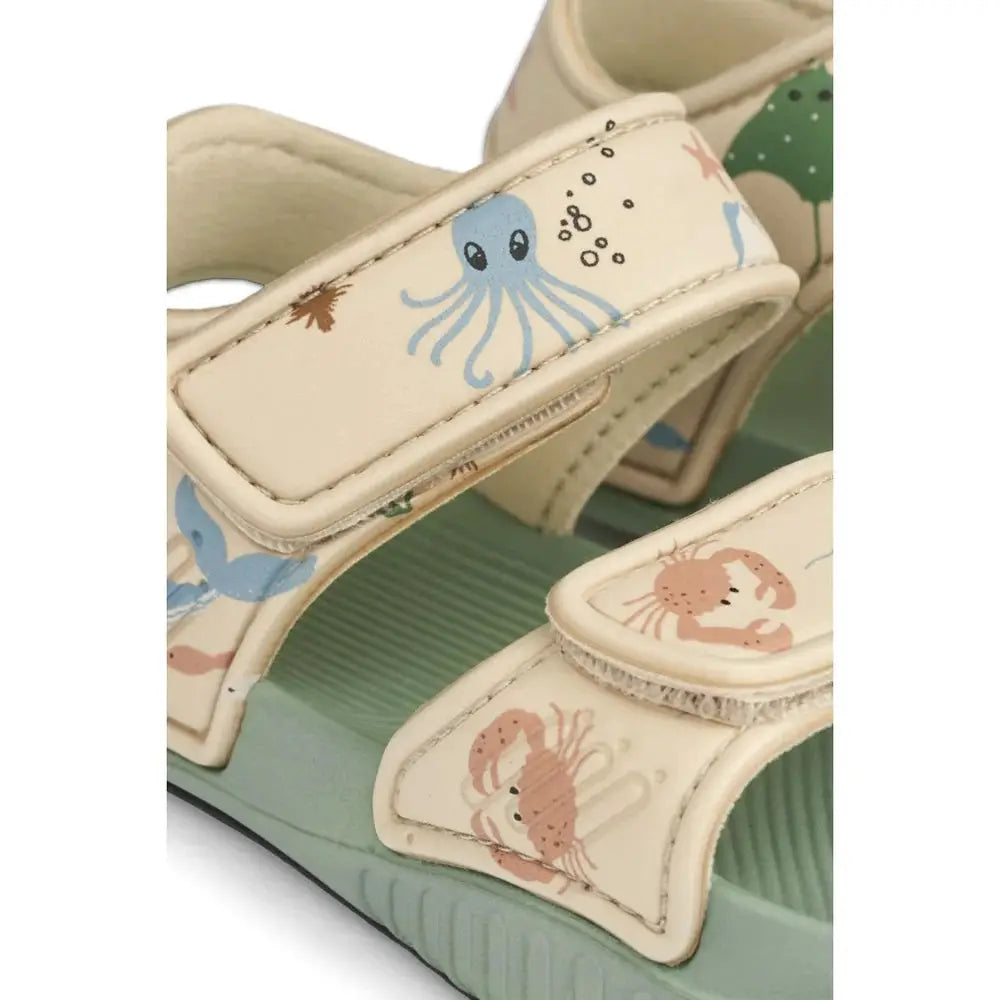 LIEWOOD baby sandals, beige straps with sea creature prints, green sole pair