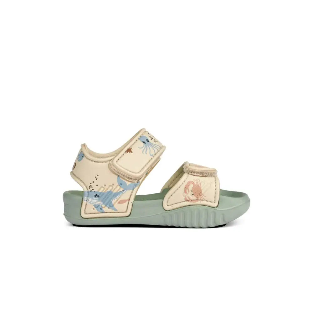 LIEWOOD Blumer sea creature sandy baby sandals, beige straps with ocean prints, pale green sole