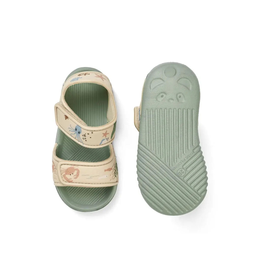 Pair of LIEWOOD Blumer kids sandals, beige sea-creature print, green textured sole