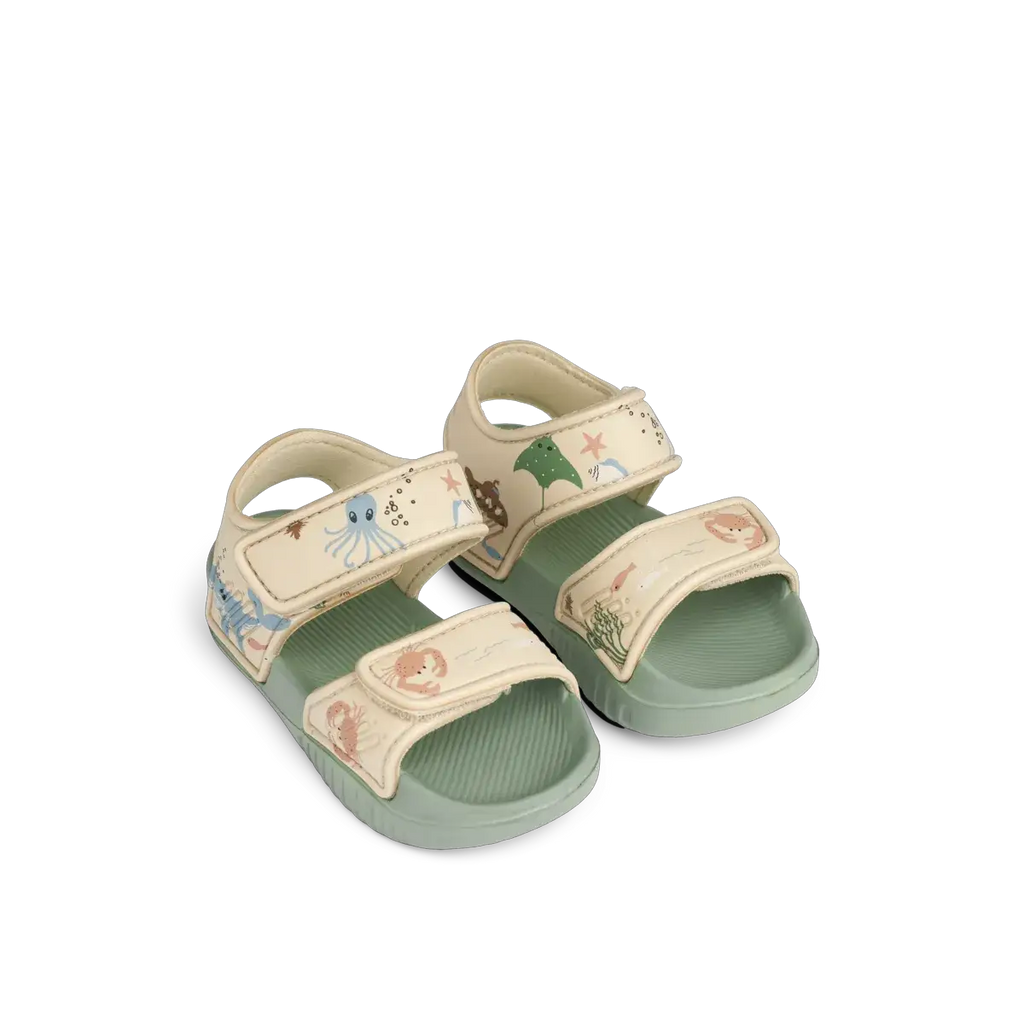 LIEWOOD Blumer sea creature sandy sandals; beige straps, pale green soles, Velcro closures