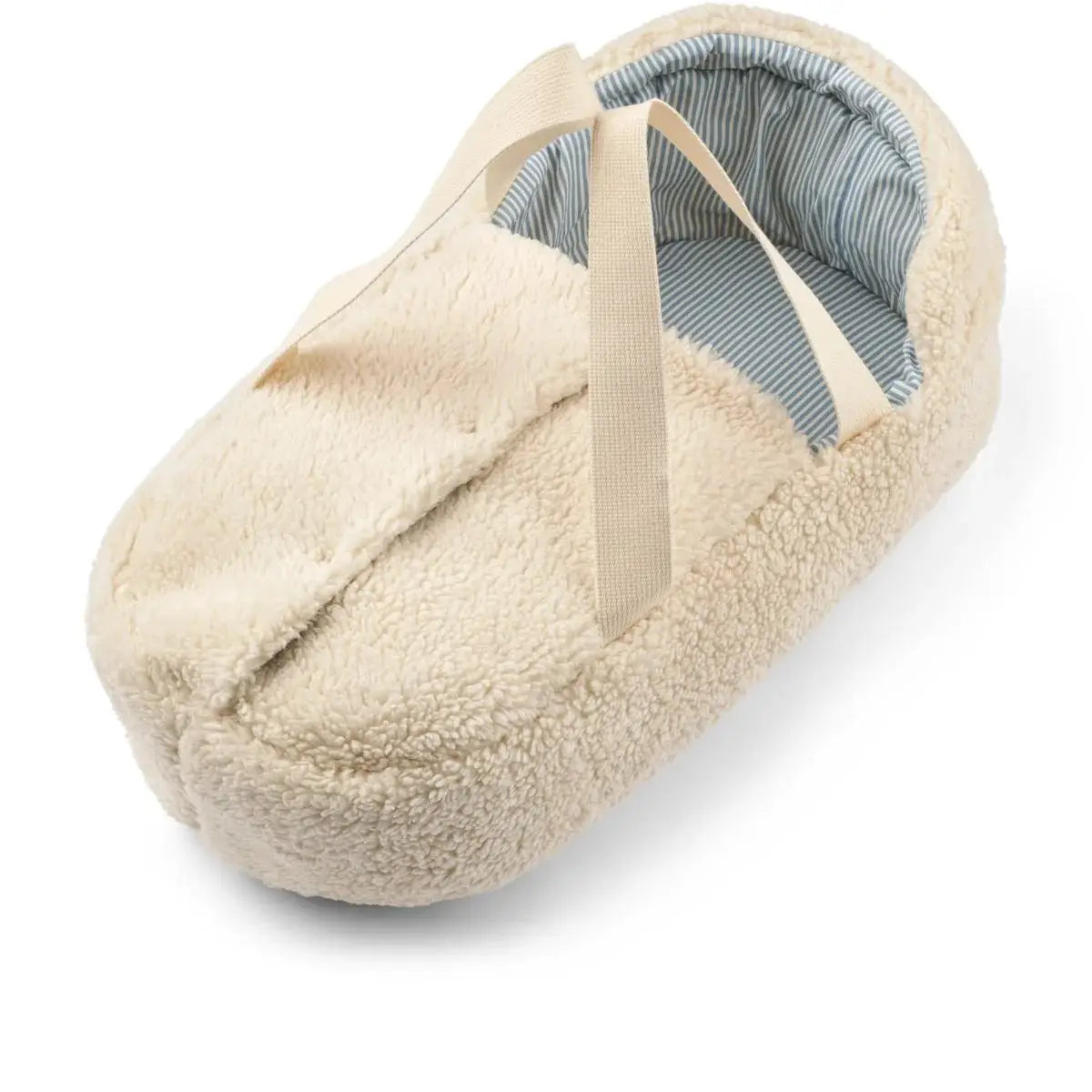 LIEWOOD Melisse doll cradle in sandy sherpa with blue striped interior