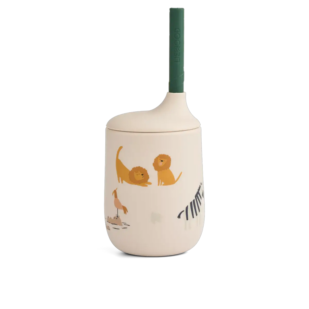 LIEWOOD Ellis All Together sandy sippy cup with green straw and animal illustrations