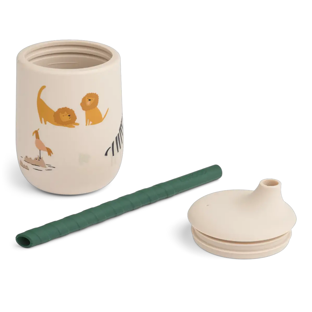 LIEWOOD Ellis all together sandy sippy cup with beige lid and green straw by Citron Grenadine
