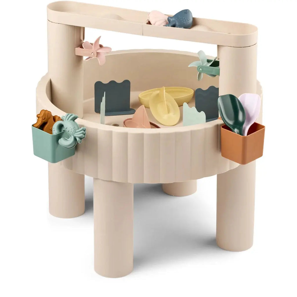 LIEWOOD Sepp activity table in sandy multi color with pastel garden tools and accessories