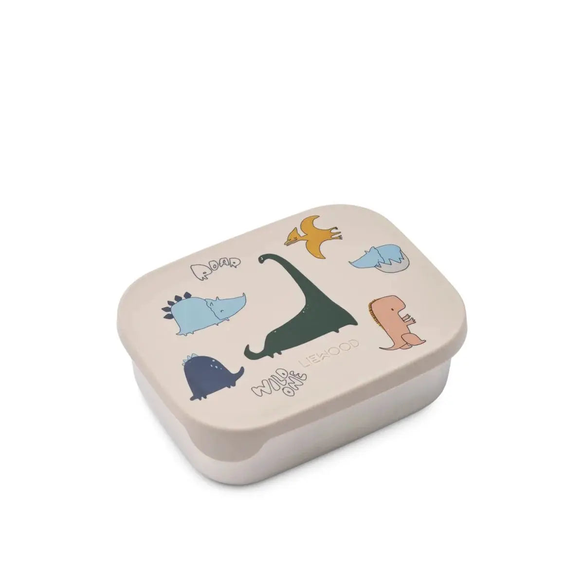 LIEWOOD lunchbox Arthur/Dino Roar Sandy, beige lid with colorful dinosaur illustrations; Citron Grenadine branding.