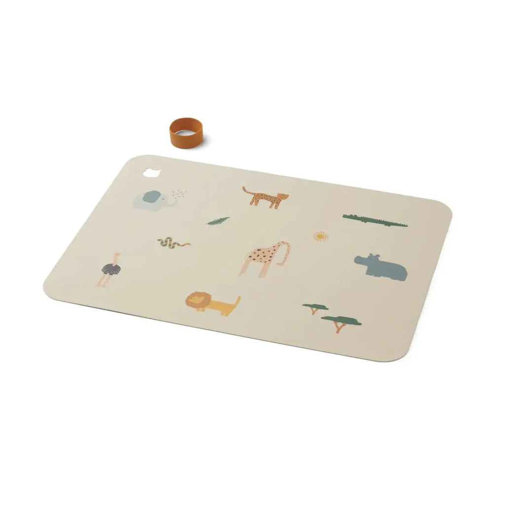 LIEWOOD Jude safari sandy mix placemats, beige background with playful safari animal motifs and trees