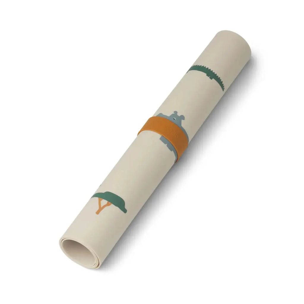 Jude safari placemats set by LIEWOOD, sandy beige with green/orange safari print, rolled