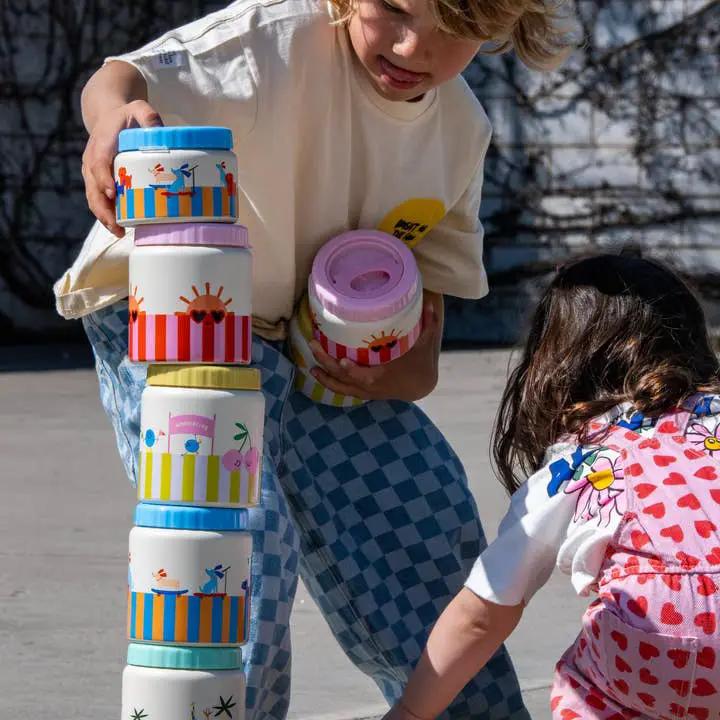 Stainless steel 350ml lunch thermos jars stacked with bright striped designs and colored lids; Citron Grenadine.
