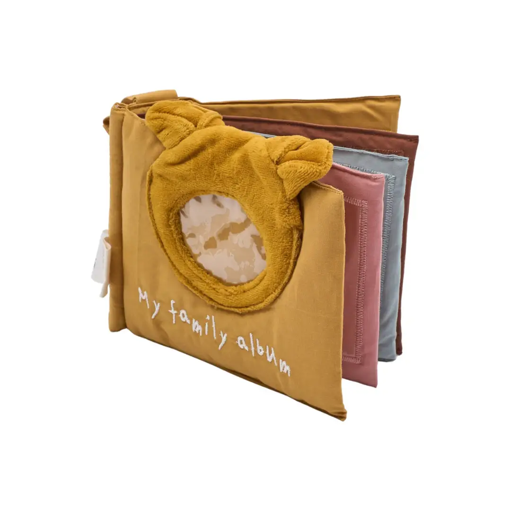 FABELAB mon premier album photo soft fabric photo album with plush circular frame and mustard yellow cover