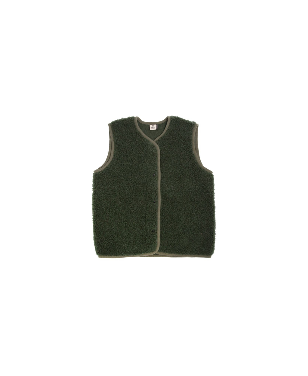 ALWERO gilet sans manches en laine Tyb vert olive, bordures kaki, texture sherpa bouclé