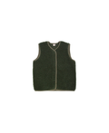 ALWERO gilet sans manches en laine Tyb vert olive, bordures kaki, texture sherpa bouclé