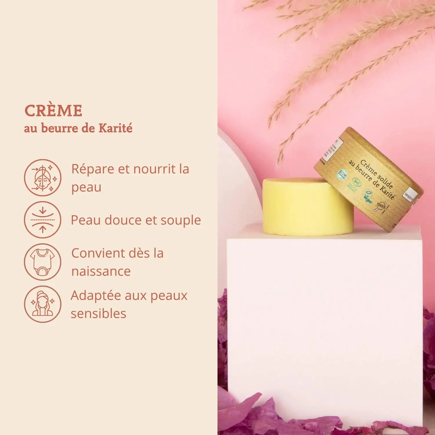 COMME AVANT Crème solide au beurre de karité – Citron Grenadine, protection solaire, 2 pièces: pot jaune et boîte en carton