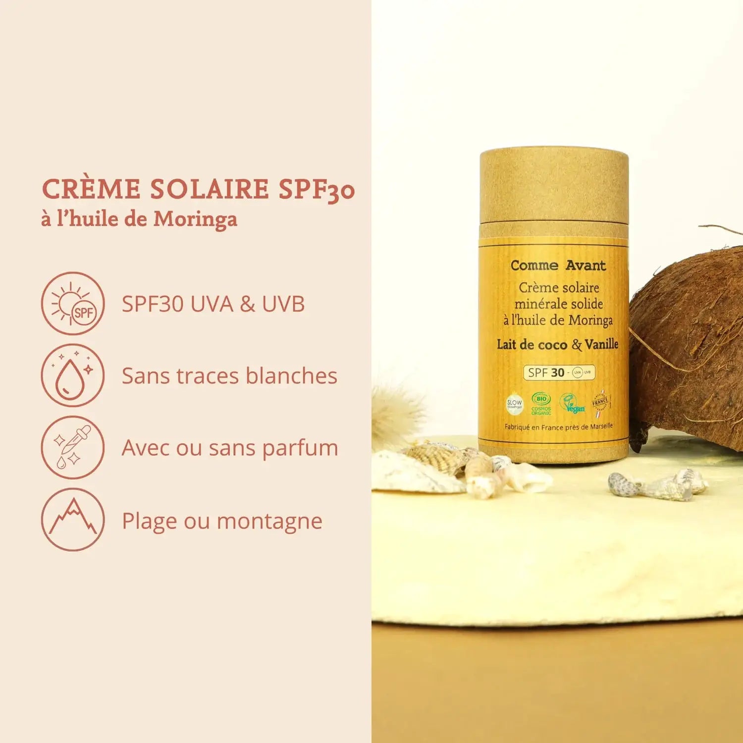 Crème solaire minérale solide COMME AVANT SPF30 dans flacon en bambou — huile de moringa, coco & vanille (Citron Grenadine)
