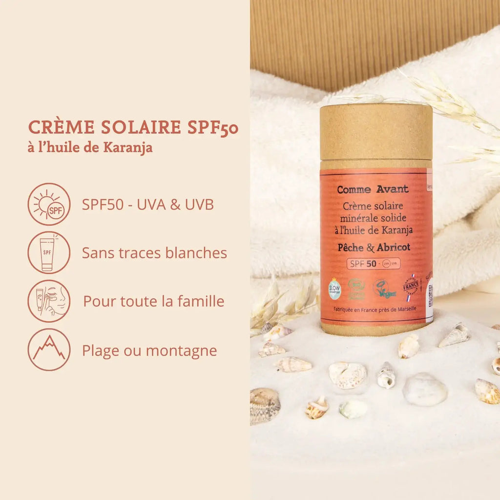 Crème solaire minérale solide SPF50 à l’huile de karanja, Comme Avant, emballage corail avec bouchon kraft