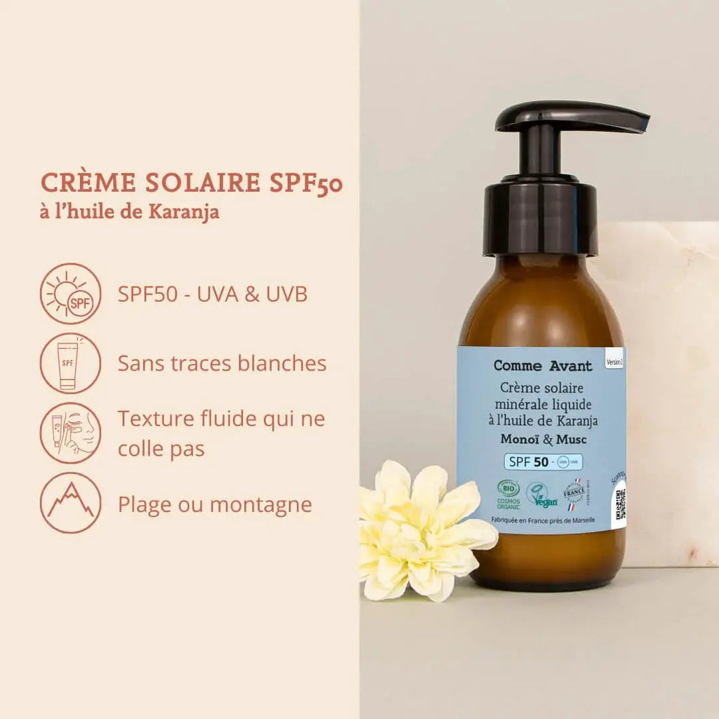 Crème solaire minérale liquide COMME AVANT SPF50 à l'huile de karanja et vanille, bouteille ambrée avec pompe