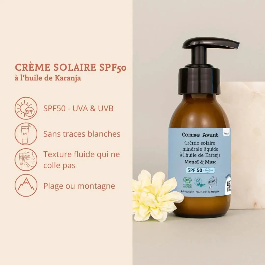 Crème solaire minérale liquide COMME AVANT SPF50 à l'huile de karanja et vanille, bouteille ambrée avec pompe