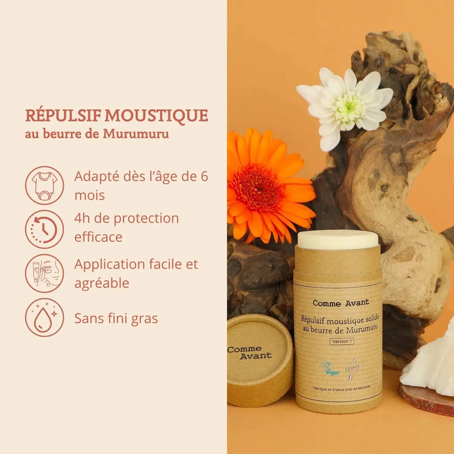 Comme Avant répulsif moustique solide au beurre de Murumuru, emballage kraft, version 1