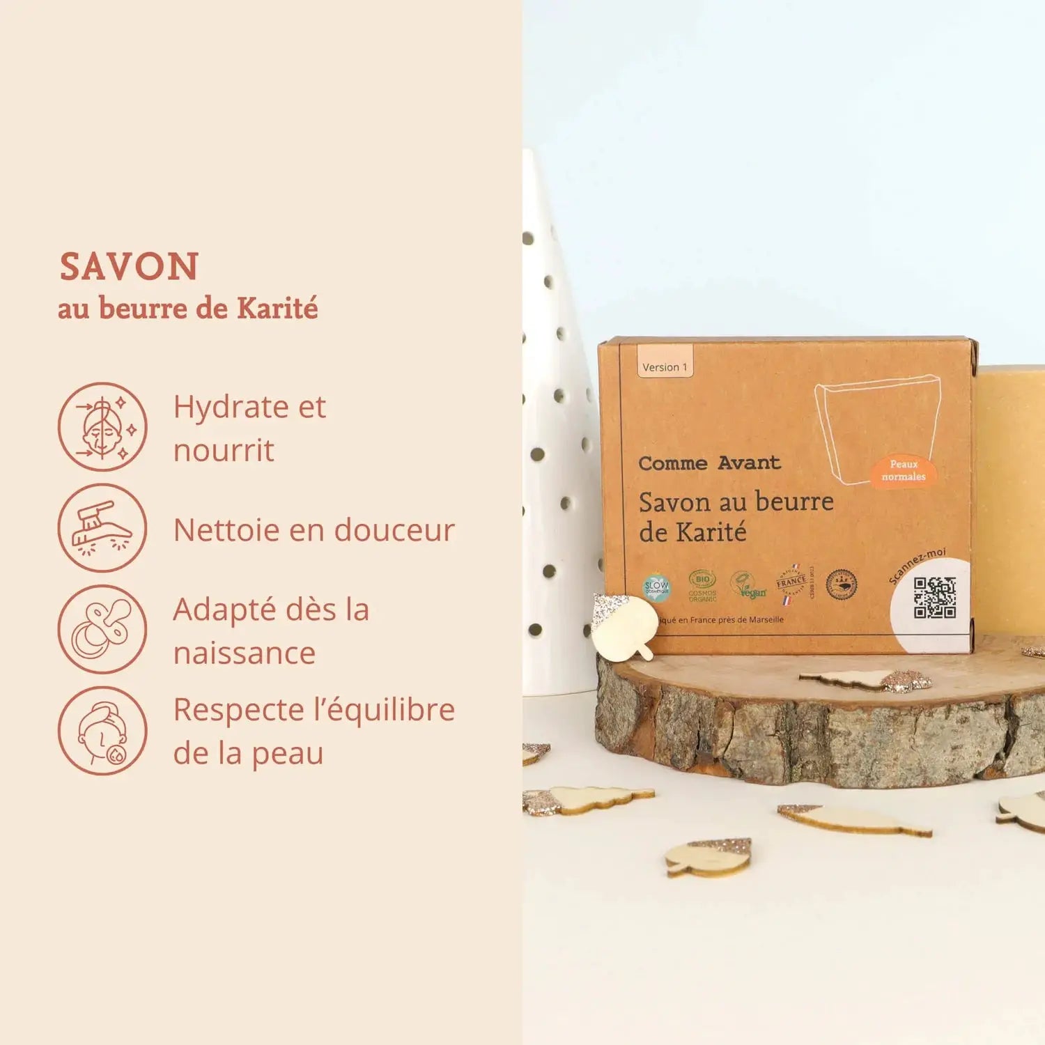 COMME AVANT Savon au beurre de Karité, savon solide, emballage carton brun posé sur une planche de bois.