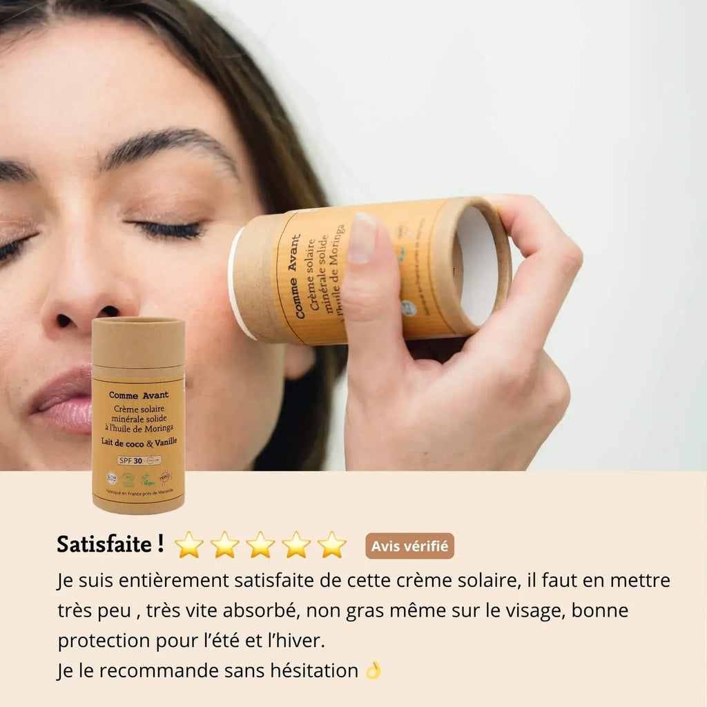 Deux tubes de crème solaire minérale solide Comme Avant à l'huile de moringa SPF30, naturel