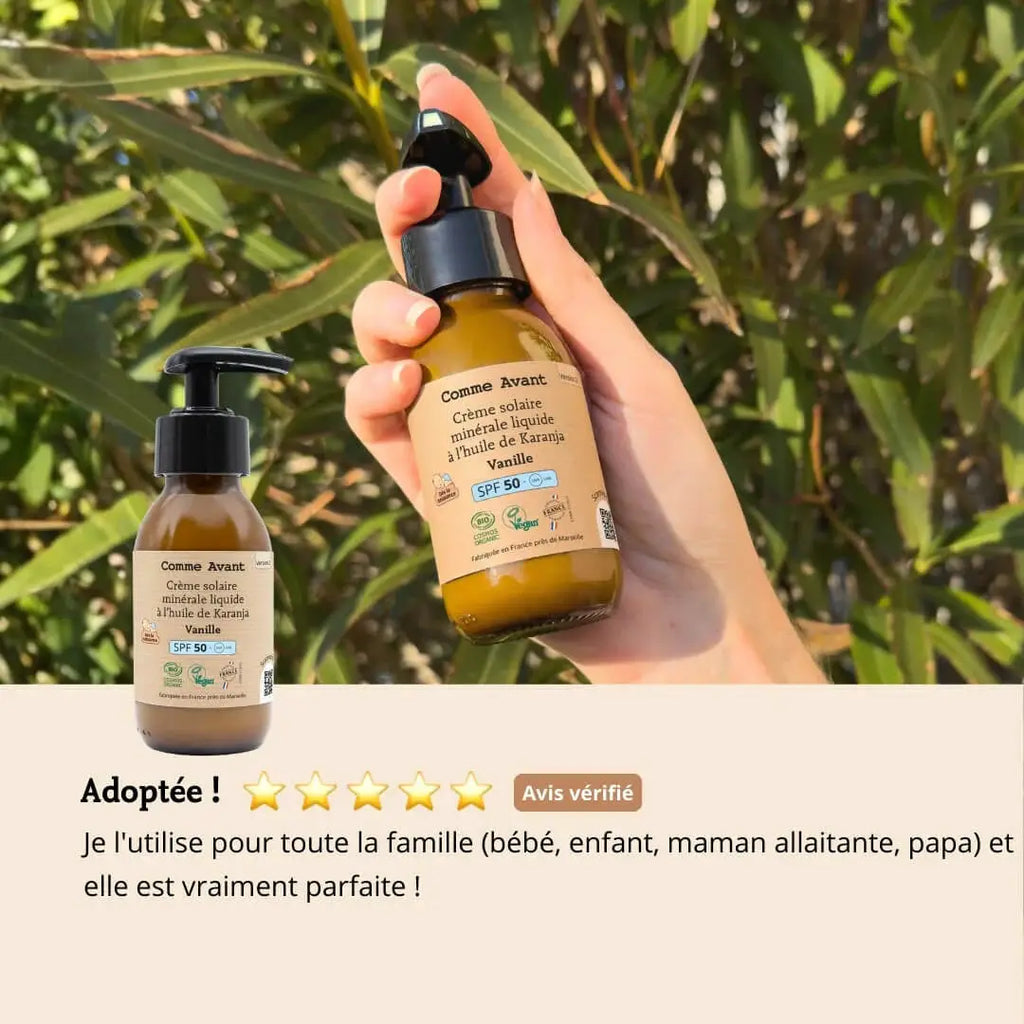 Comme Avant crème solaire minérale liquide à l'huile de karanja vanille SPF50 Citron Grenadine, 2 bouteilles en verre ambré