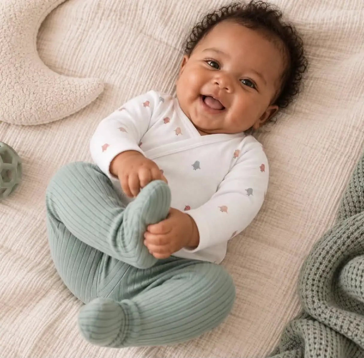Ensemble bébé 2 pièces MORE THAN BABIES: body blanc à motifs oiseaux et pantalon vert menthe, bébé souriant.