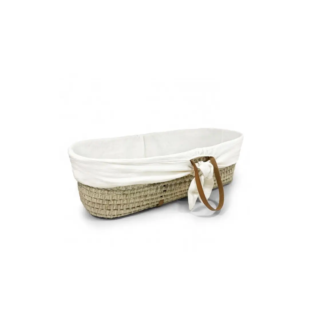 Bassinet candy cover by Citron Grenadine, natural woven basket with white liner and brown leather tie