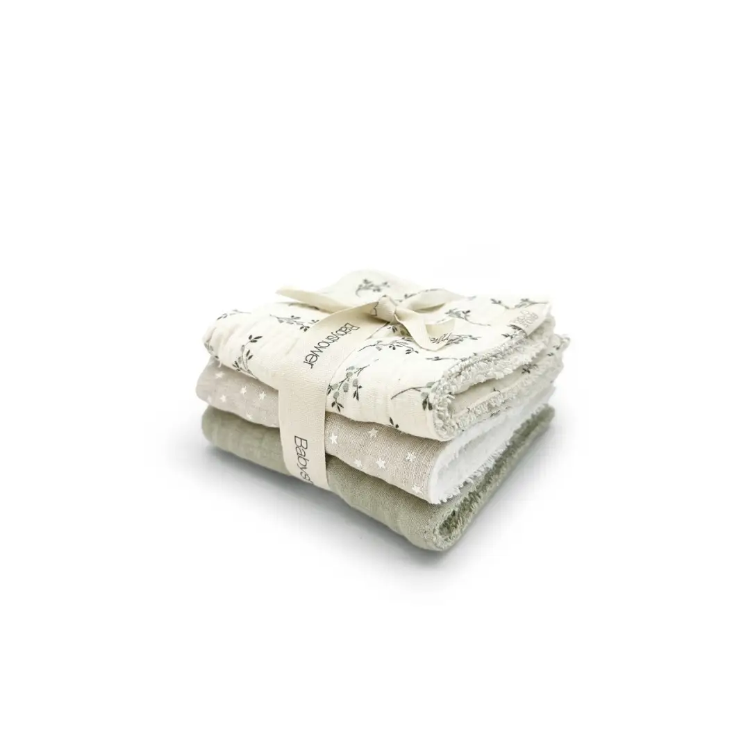 3-pack BabyShower mini serviettes in olive bloom pattern, neutral tones for baby bathing